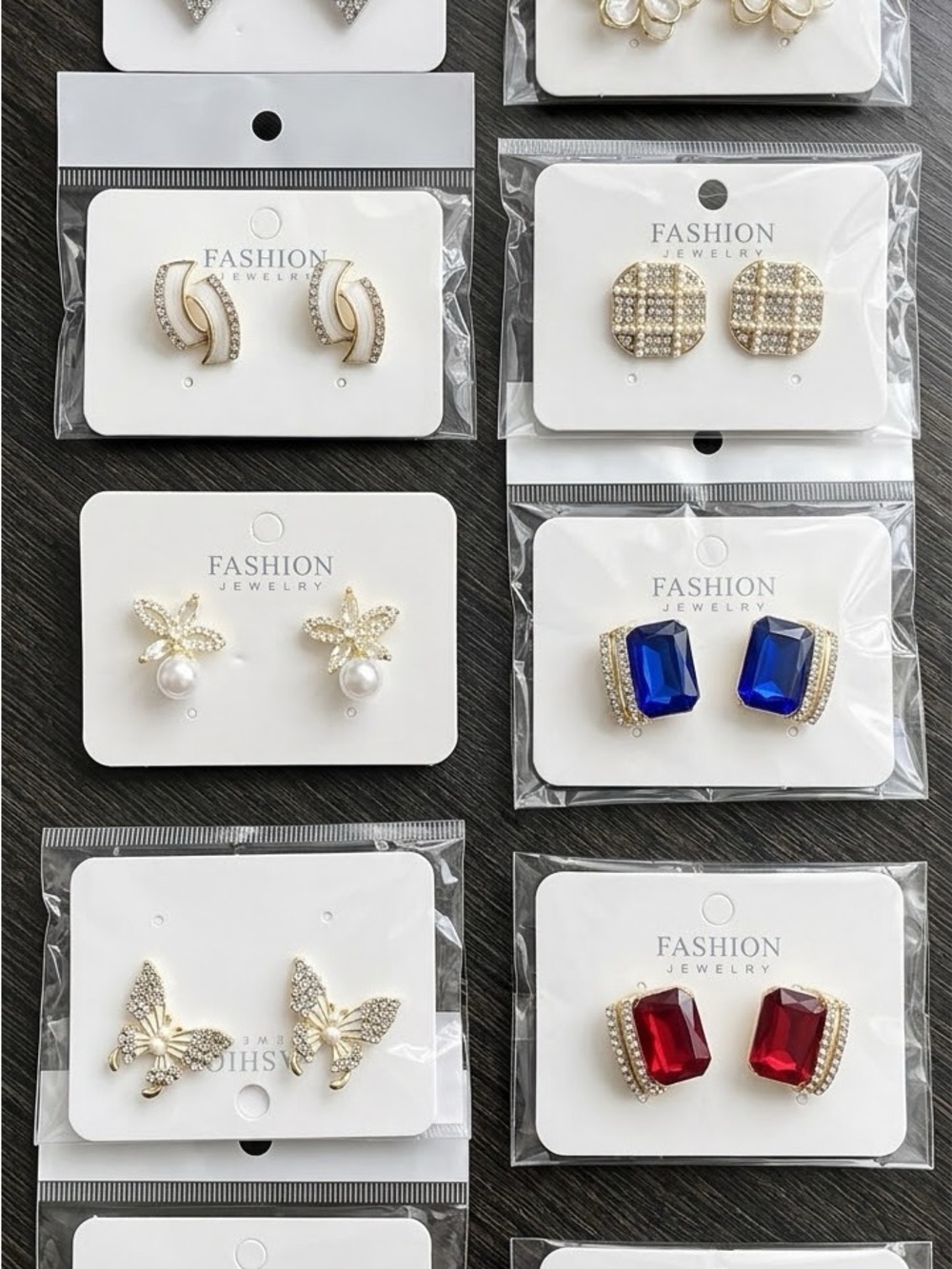 12 Fashion Jewelry Blue and Red Gemstone Stud Earring Set - Gold-Tone
